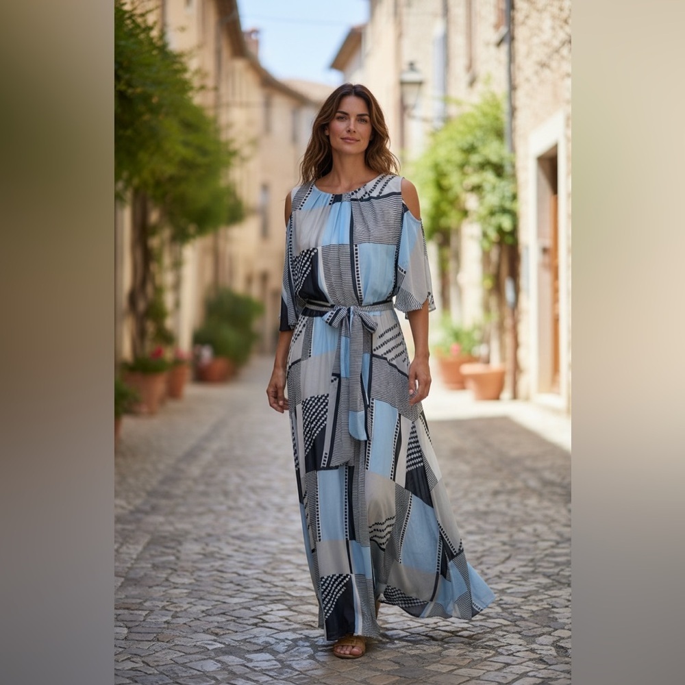 S9. Calvin Klein Blue and Gray Geometric Maxi Dress - Picture 1 of 4
